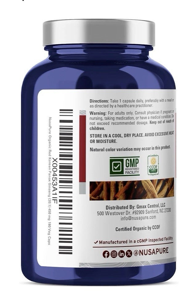 NusaPure Organic Red Korean Panax Ginseng 450mg 180 Veg Capsules 180 Servings