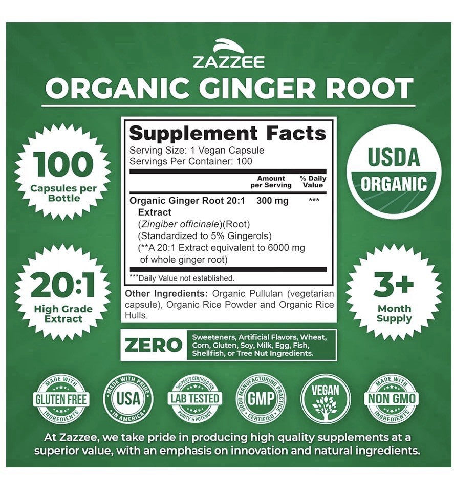 Zazzee Ginger Root 5% Gingerols Support Digestive Comfort 3+ Month Supply 100cap