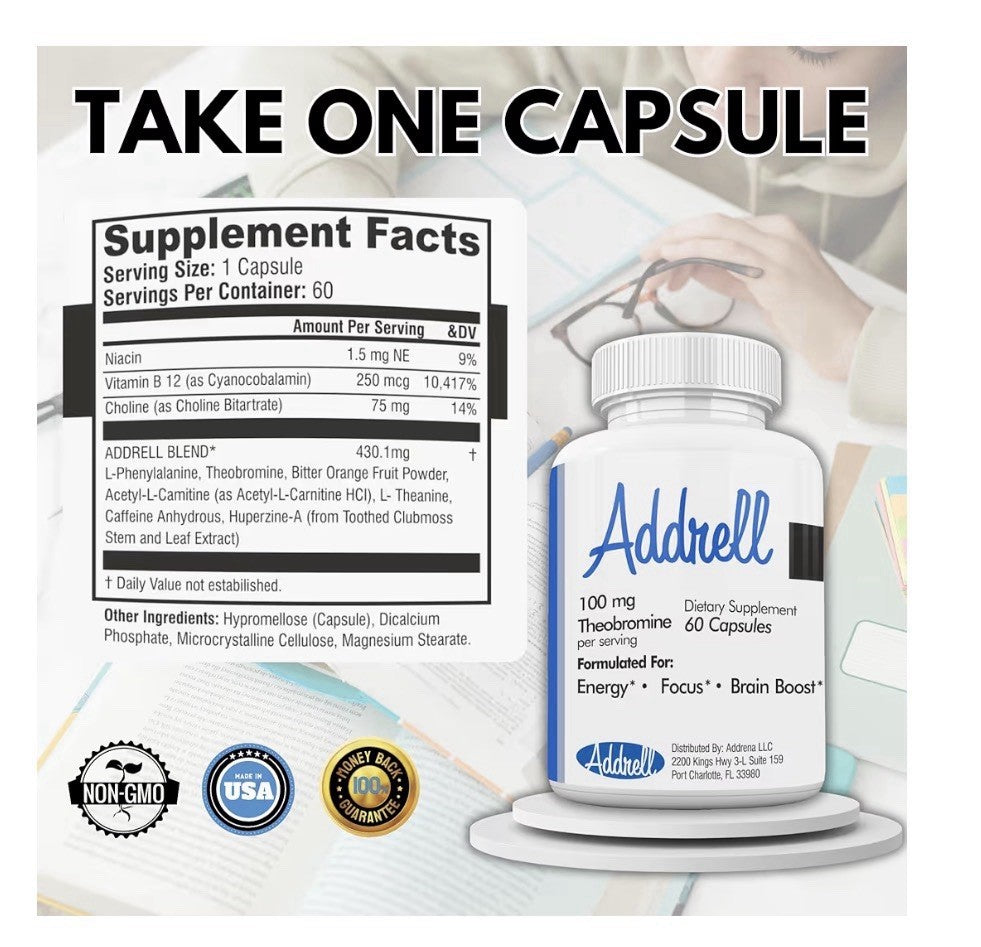 Addrell Energy Stimulant Natural Nootropic Brain Boost Energy Focus 60 Capsules