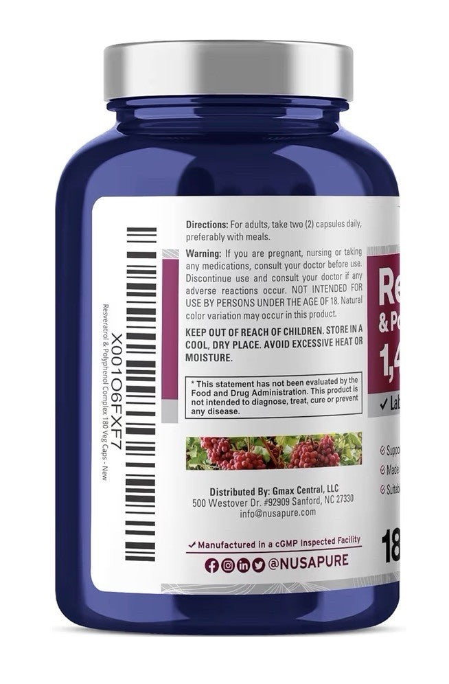 NusaPure Resveratrol & Polyphenol Complex 1450mg 180 Capsules 90 Servings