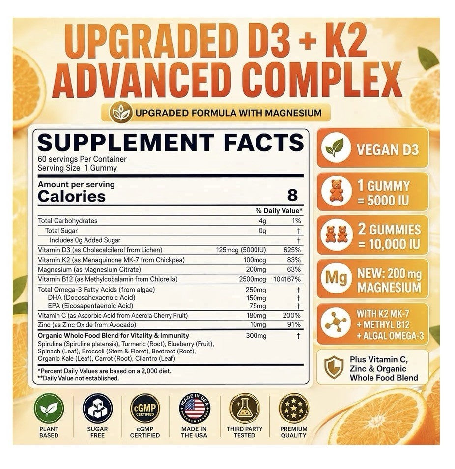 Nextdia Vitamin D3 K2 W/ Omega3 Magnesium Zinc Whole Food Blend for Adults 2Pack