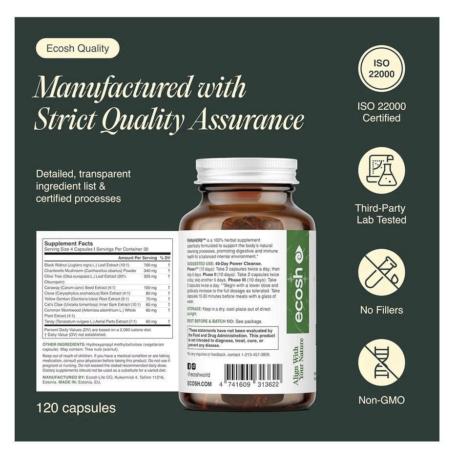 Ecosh ParaHerb Gut Cleanse Detox Wormwood Black Walnut Clove Chanterelle 120Caps