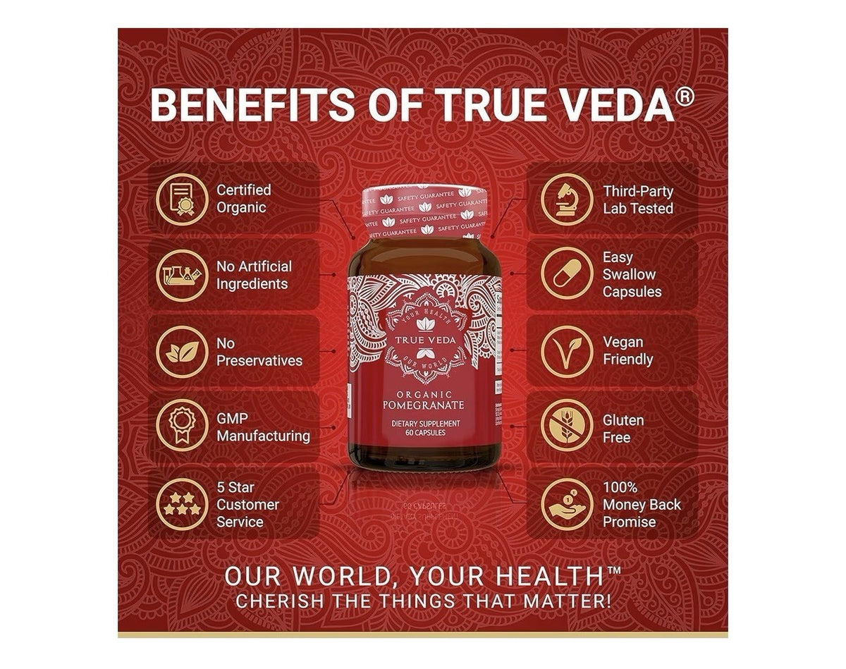 True Veda Organic Pomegranate Extract Supplement USDA Certified 60 Capsules