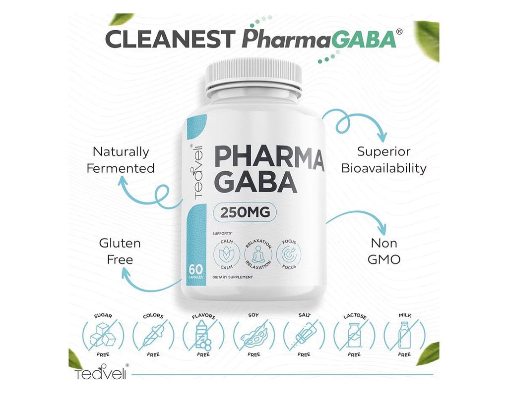 Teaveli Pharma GABA 250mg Calm Relaxation Focus Sleep Fermented GABA 60 Capsules