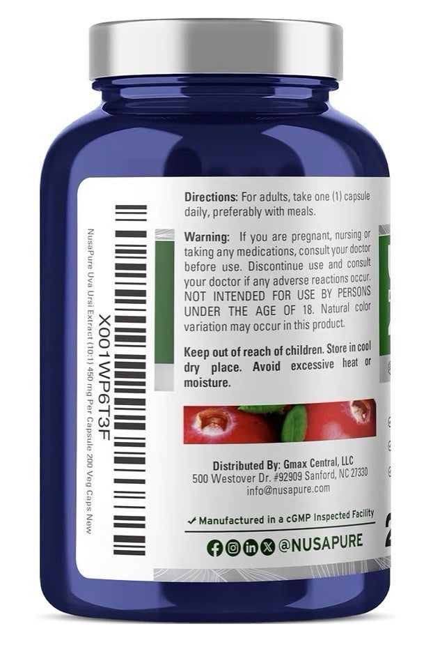 NusaPure Uva Ursi 450 mg Per Capsule 200 Veg Capsules 200 Servings