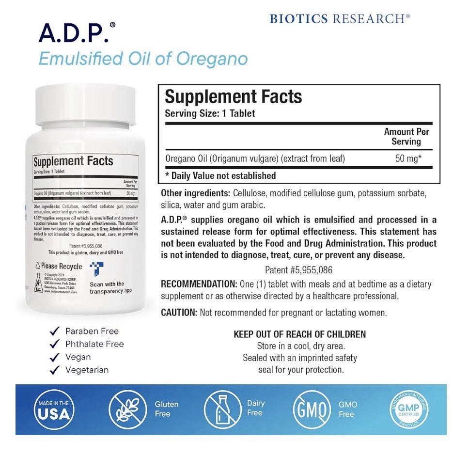 Biotics Research A.D.P. Emulsified Oil of Oregano for GI Health 120 Tablets