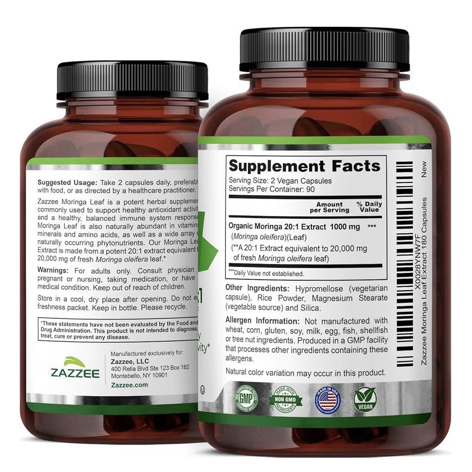 Zazzee Organic Moringa Leaf Antioxidant Rich Source of Phytonutrients 180capsule
