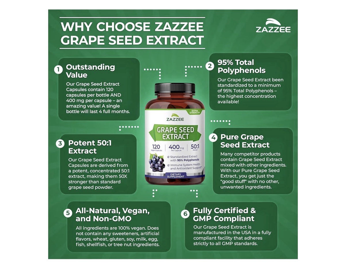 Zazzee Grape Seed Extract 95% Polyphenols Antioxidant Immune Support 120capsules