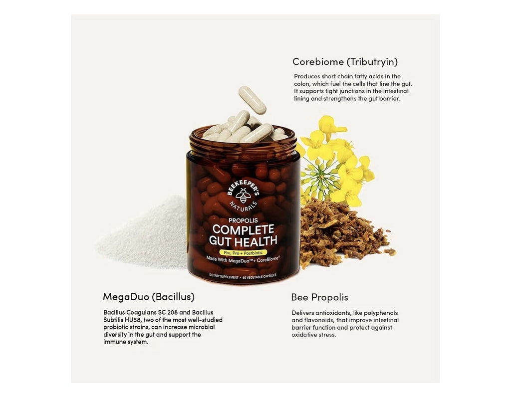 Beekeeper's Naturals Complete GutHealth Propolis 3inl PrebioticProbiotic 60cap