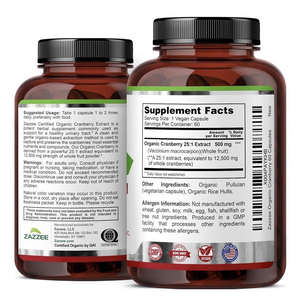Zazzee Organic Cranberry Healthy Urinary Tracy Support 2 Month Supply 60 Capsule