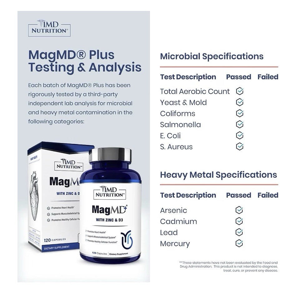 1MD Nutrition MagMD Plus with Zinc & D3 Promotes Heart Bone Cellular Health 120c