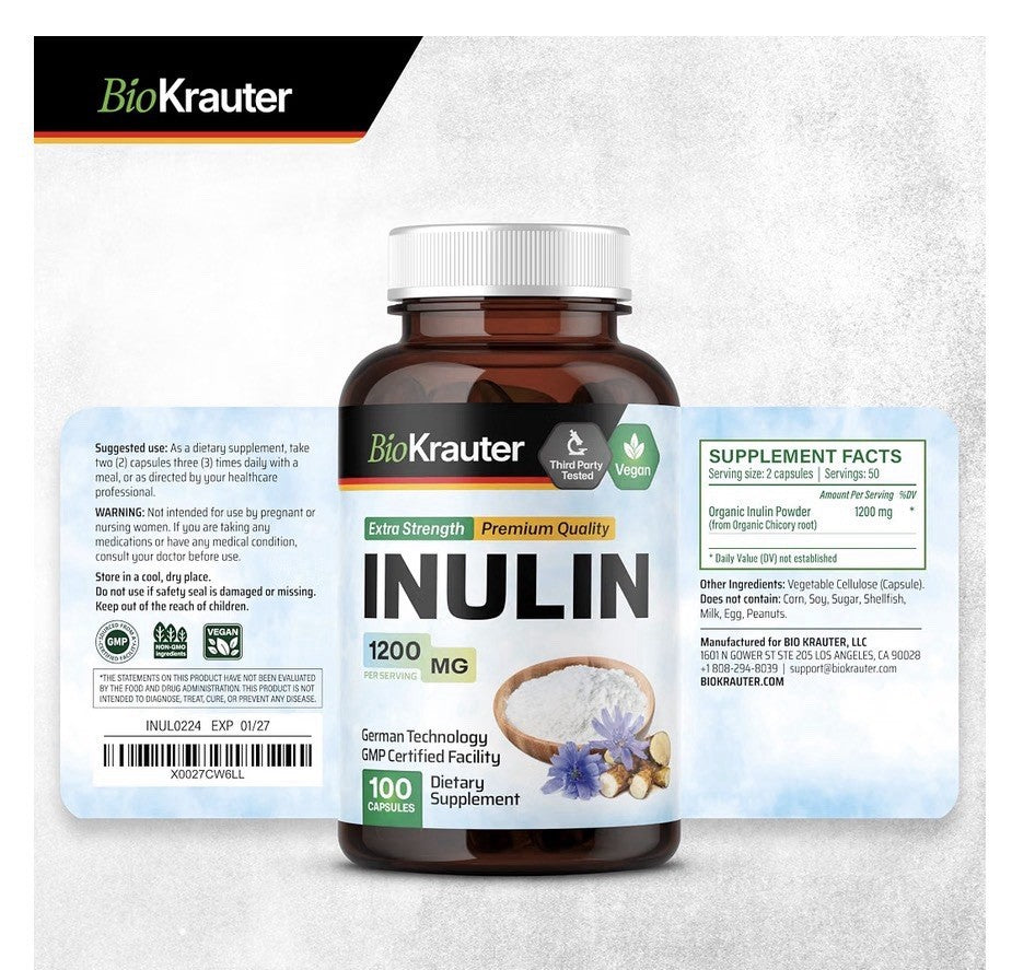 BIO KRAUTER Inulin 1200 MG from Chicory Root in Capsules Probiotic Finer 100caps