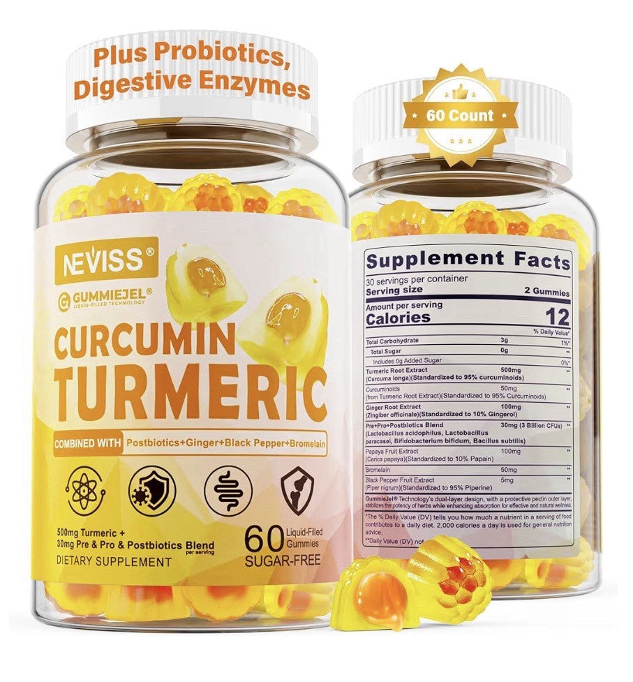 Neviss Turmeric Curcumin With Postbiotics Probiotics Prebiotics 60 Gummies 1Pack