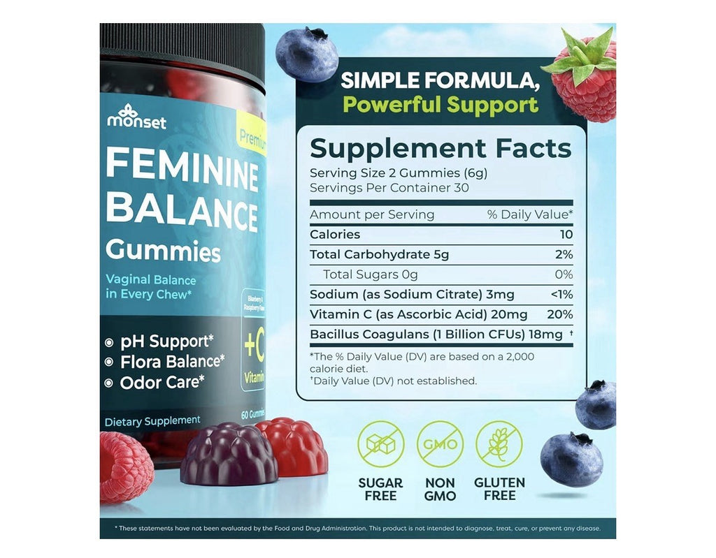 Monset Feminine Probiotic pH Balance Freshness Flora Odor Support 60 Gummies