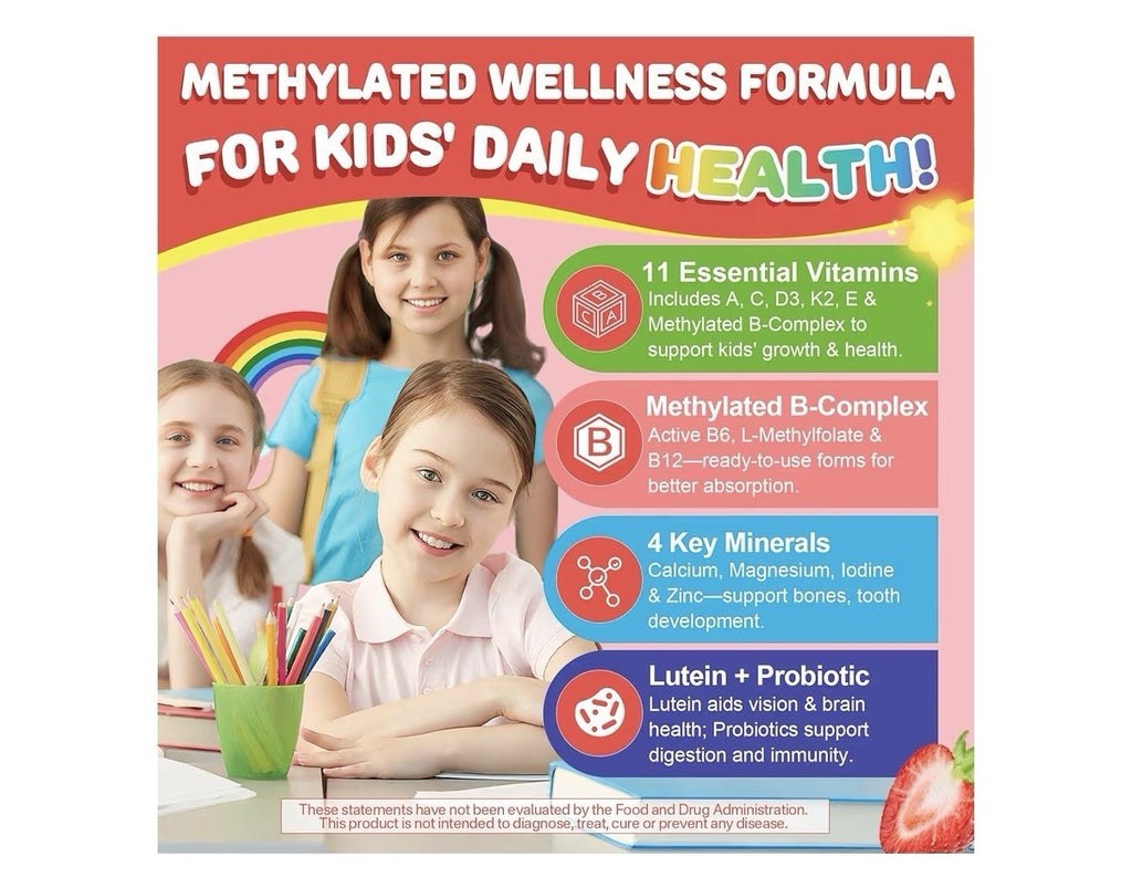 Nextdia Kids Methylated Multivitamin Gummies Calcium D3 K2 Probiotics 60 Gummies