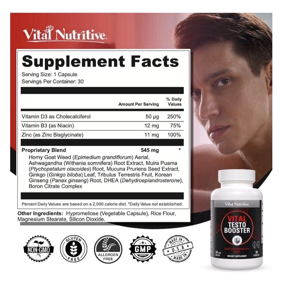 VITAL NUTRITIVE Vital Testo Booster Natural Testosterone Support Supplement 30ca
