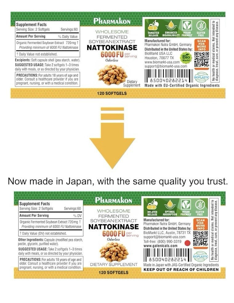 PHARMAKON Nattokinase 6000 FU Odorless Wholesome Fermented Soybean Extract 120sg
