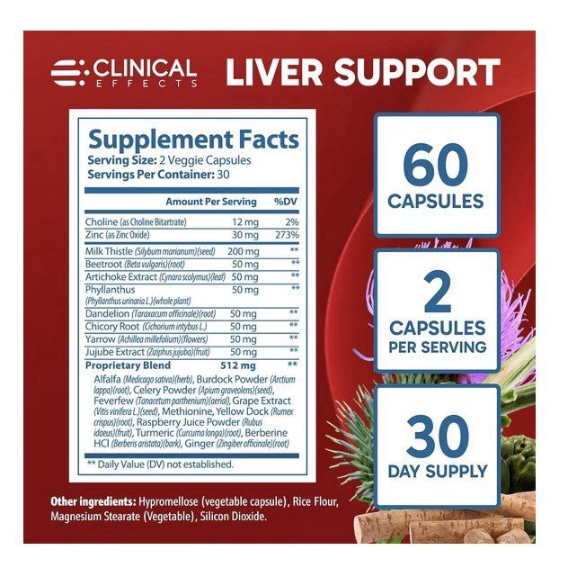 Clinical Effects Liver Support Natural Milk Thistle and Zinc Supplement 60 Caps