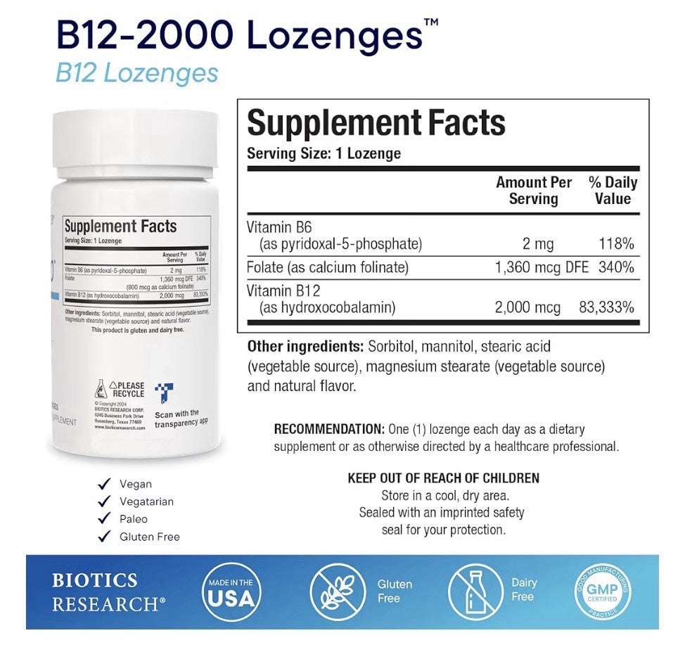 Biotics Research B12-2000™ mcg Vitamin B12, B6 Red Blood Cell Support 60Lozenges