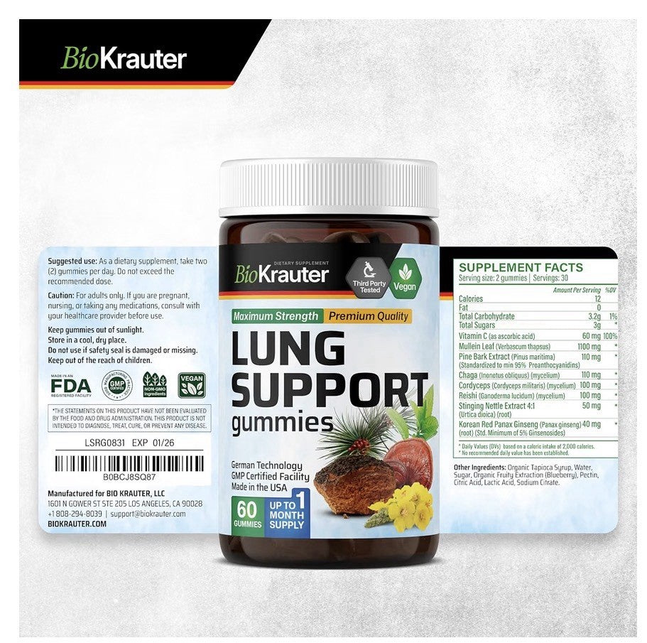 BIO KRAUTER Lung Support Gilummies Detox Respiratory Support 60 Mullein Gummies