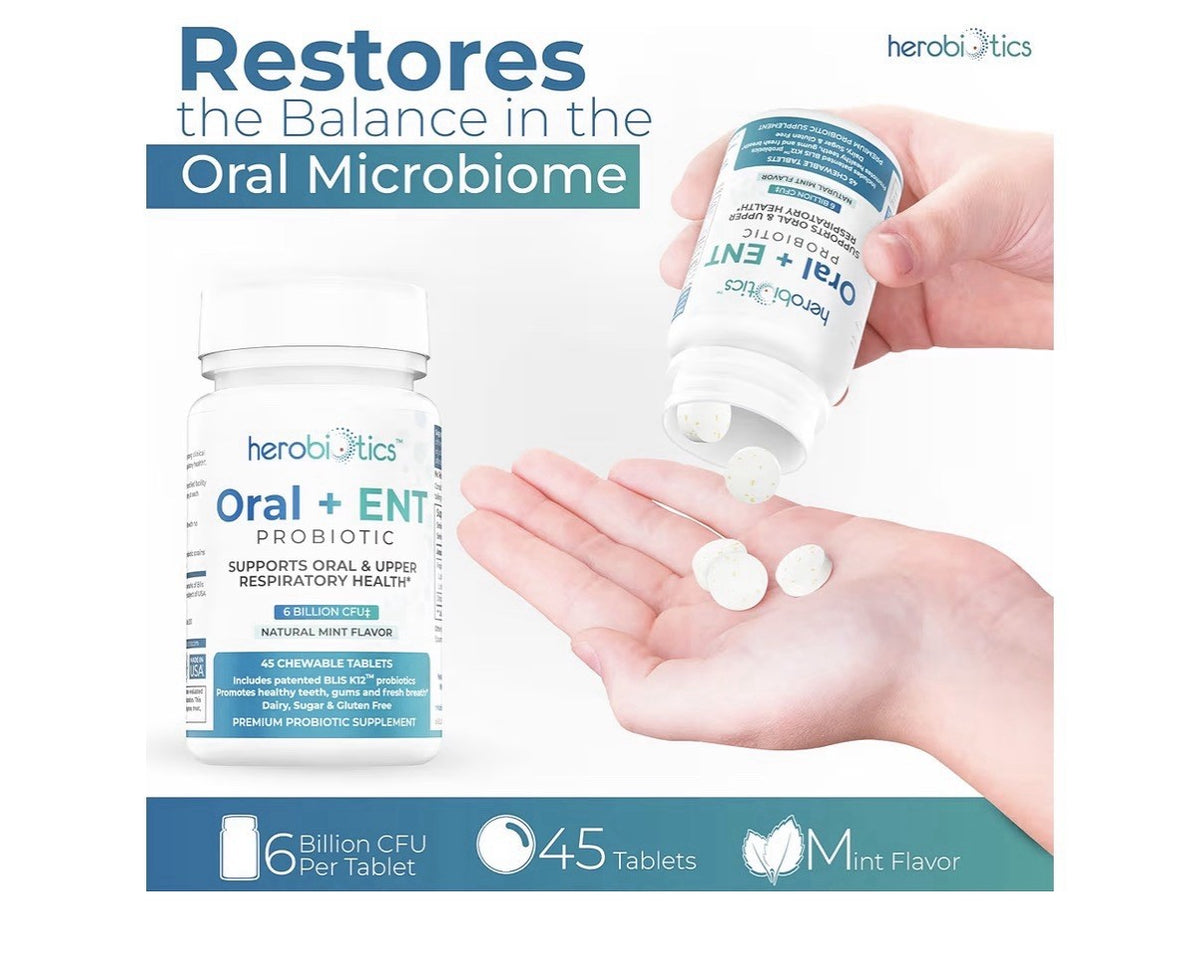 herobiotics Oral+ENT Probiotics Better Breath Gingivitis Strep Throat 45Chewable