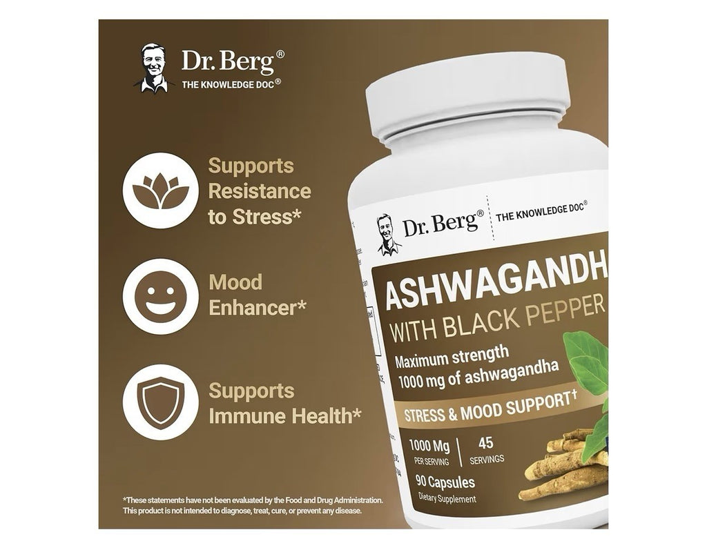 Dr. Berg Ashwagandha Root 1000mg With Black Pepper Stress Mood Support 90Capsule