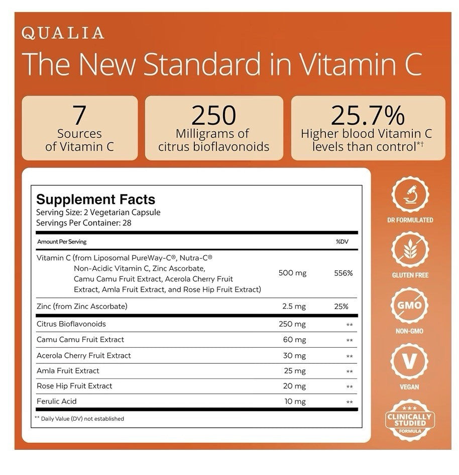 2 Pack Qualia Vitamin C+ LIPOSOMAL, CHELATED & FOOD-SOURCED VITAMIN C