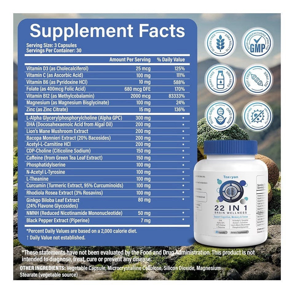 Tzaxyan Pure Brain Wellness for Memory Focus Clarity Cognitive Improvement 2Pack