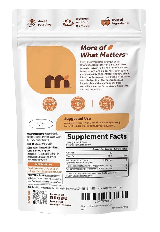 Micro Ingredients Dandelion Root Made With Milk Thistle Oil 240 Softgels