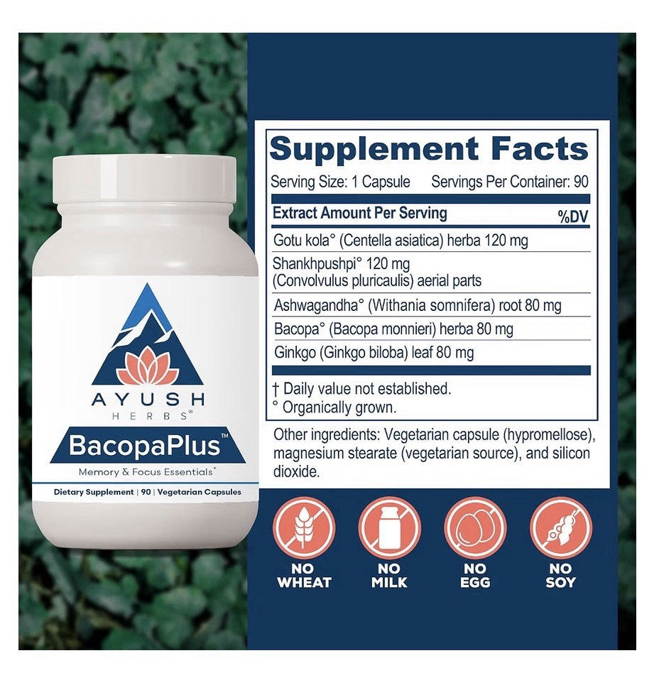 Ayush Herbs BacopaPlus Memory & Focus Essentials Bacopa Gotu Kola 90 Capsules