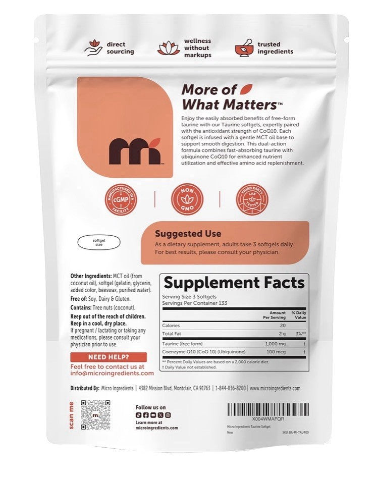 Micro Ingredients Taurine 1,000mg Made With MCT Oil Heart Health 400 Softgels