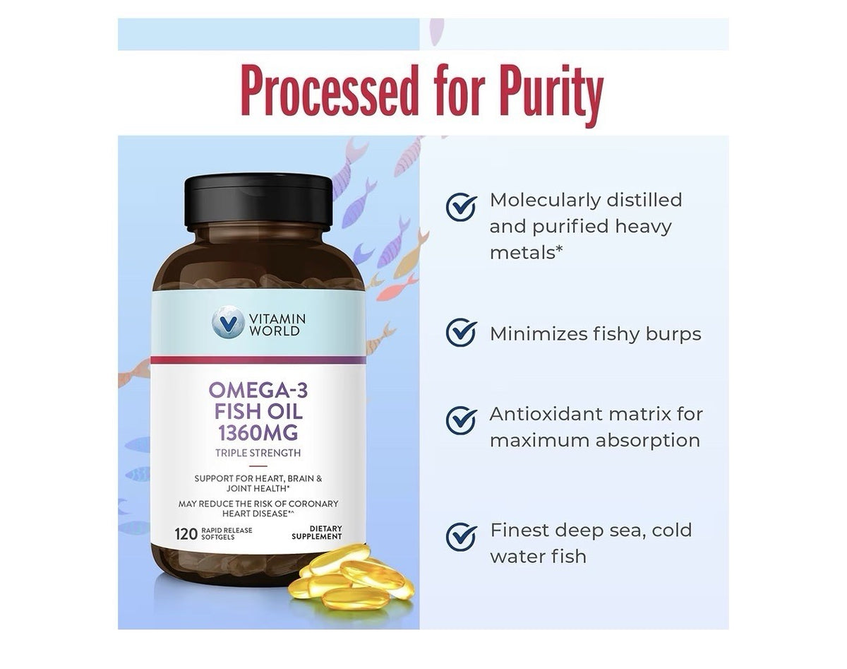 Vitamin World Omega 3 Fish Oil 1360 mg Triple Strength Supplement 120 Softgels