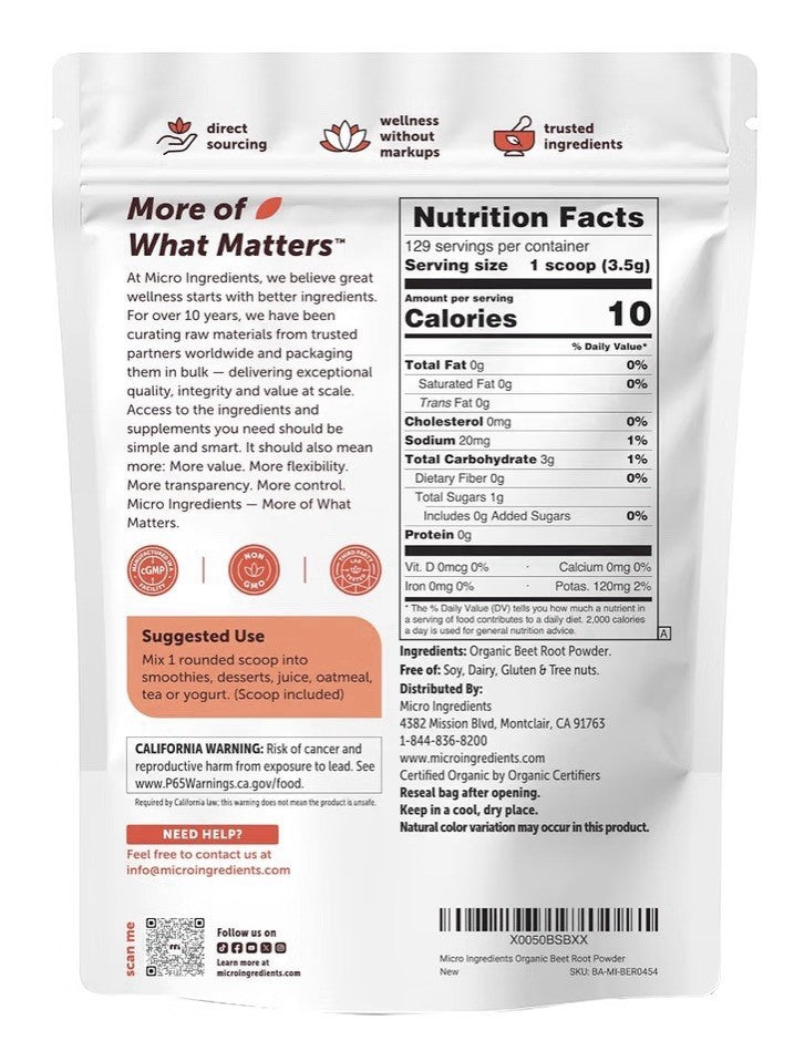 Micro Ingredients Beet Root Powder Raw Superfood Nitric Oxide 16 oz Drink Mix