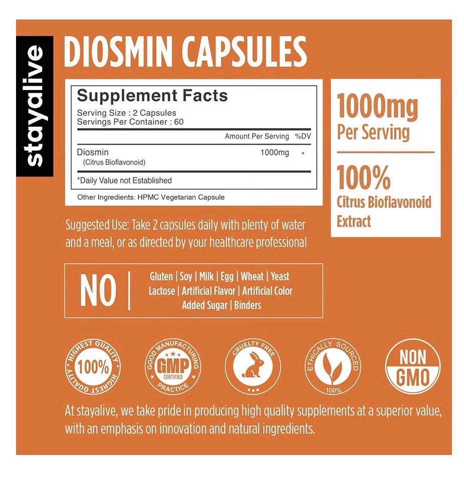 STAY ALIVE Pure Diosmin Complex 1000mg Formula 120 Capsules 2 Month Supply