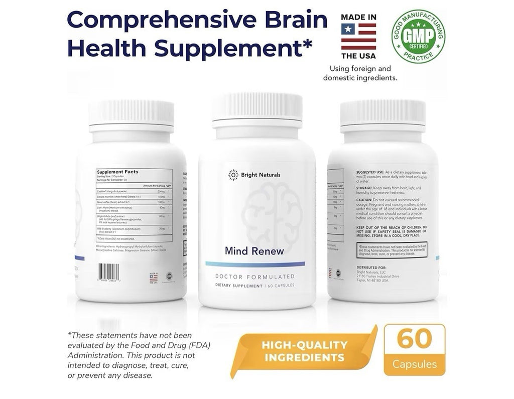 Bright Naturals Mind Renew Brain Supplements For Memory and Focus 3 Pack