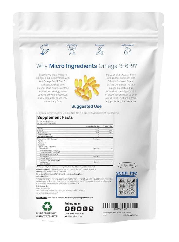 Micro Ingredients Triple Omega 3-6-9 3600mg Per Serving 300 Burpless Softgels