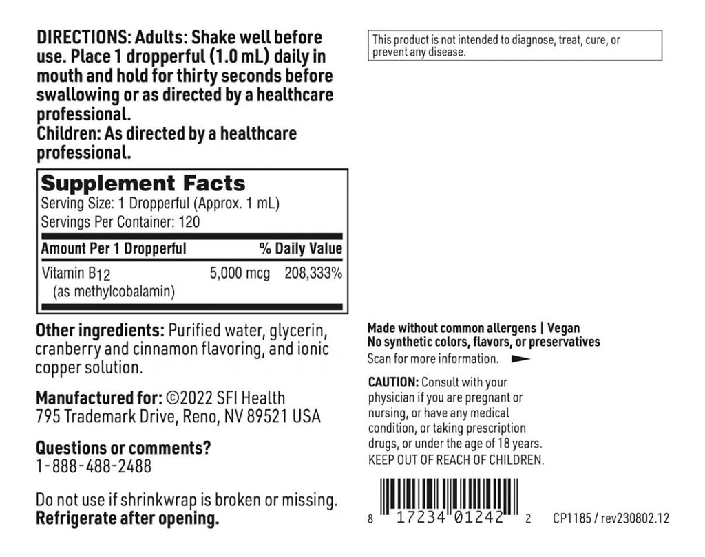 SFI Health Vitamin B12 Methylcobalamin Liquid Drops Mood Cognitive Support 4oz