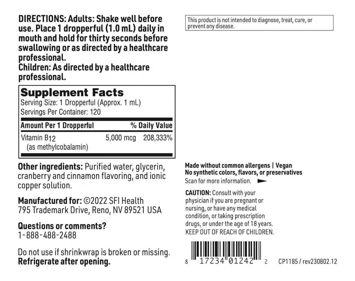 SFI Health Vitamin B12 Methylcobalamin Liquid Drops Mood Cognitive Support 4oz