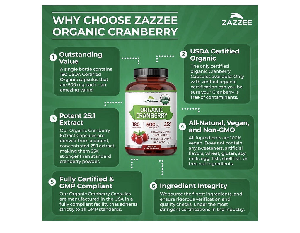 Zazzee Organic Cranberry Healthy Urinary Tracy Support 6 Month Supply 180Capsule