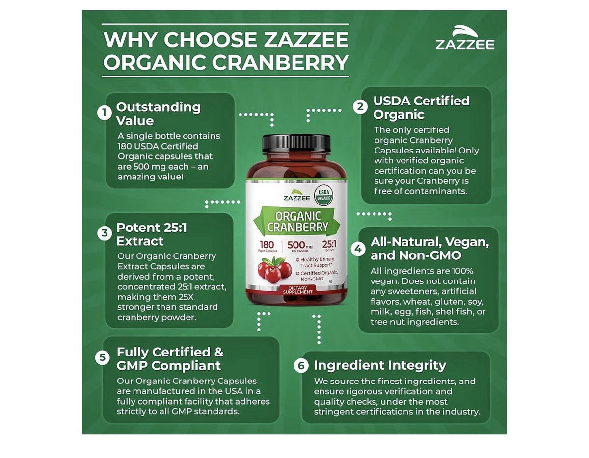 Zazzee Organic Cranberry Healthy Urinary Tracy Support 6 Month Supply 180Capsule