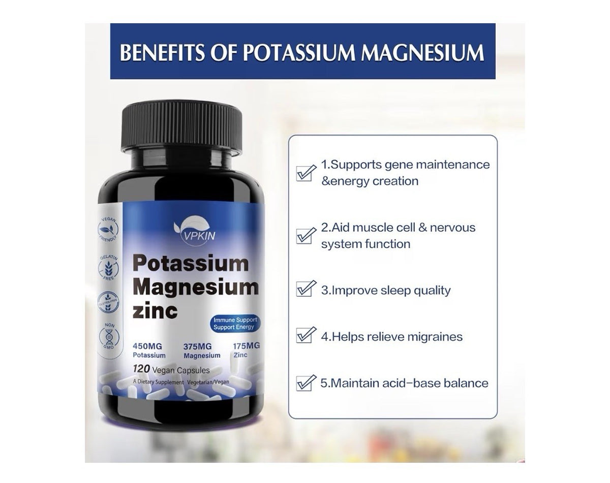 VPKIN Potassium Magnesium Zinc Supplement Immune Energy Support 150 Capsules