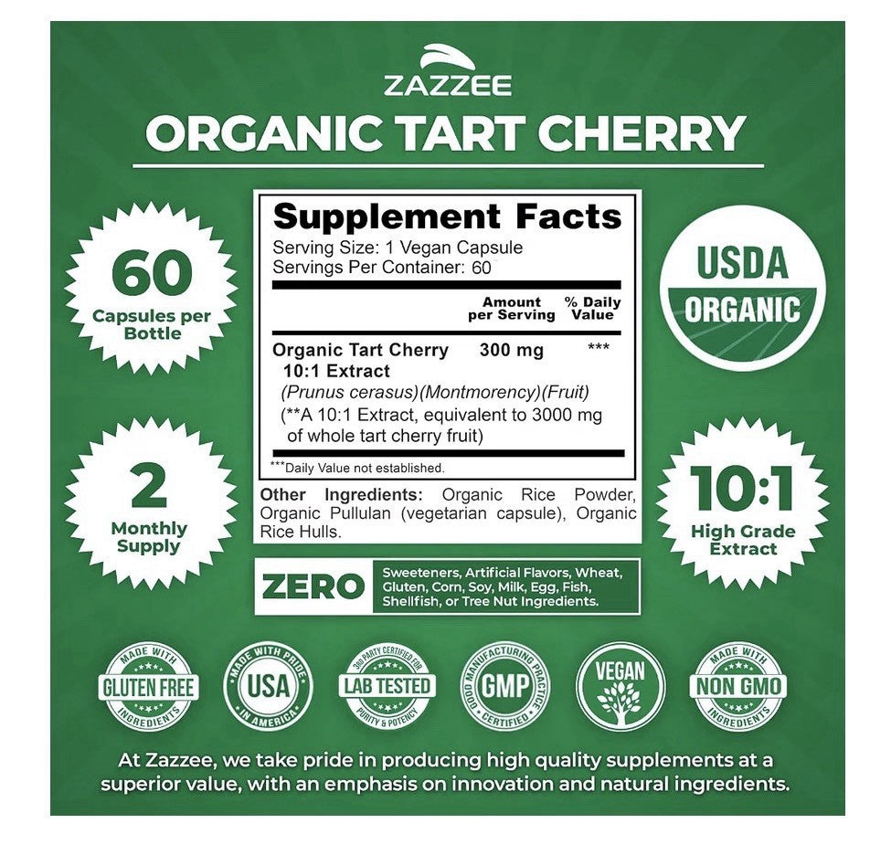 Zazzee Organic Tart Cherry Healthy Joints Function & Uric Acid levels 60 Capsule