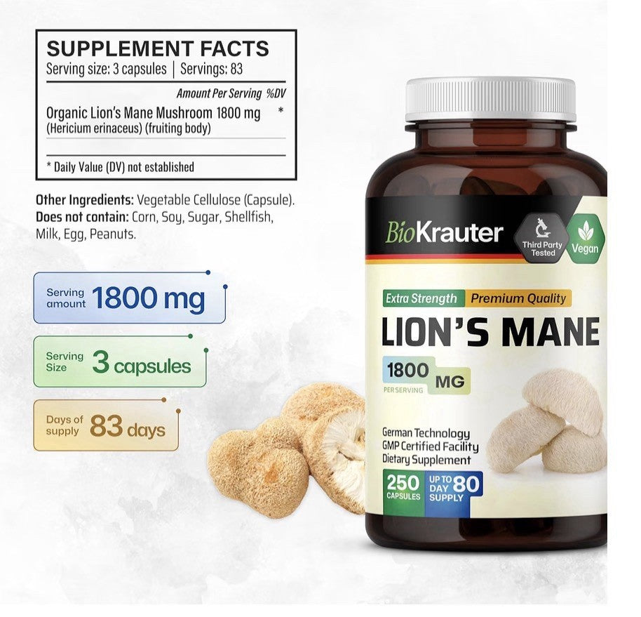 BIO KRAUTER Lion’s Mane 1800 MG  Focus Support & Brain Health 250 Capsules