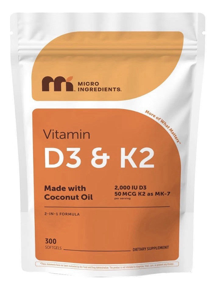 Micro Ingredients Vitamin D3 & K2 2,000 IU D3 K2 MK-7 50 mcg 300 Softgels