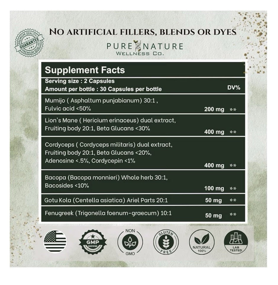 Pure Nature Wellness Focus + Energy Performance Immune Support Nootropic 60 Caps