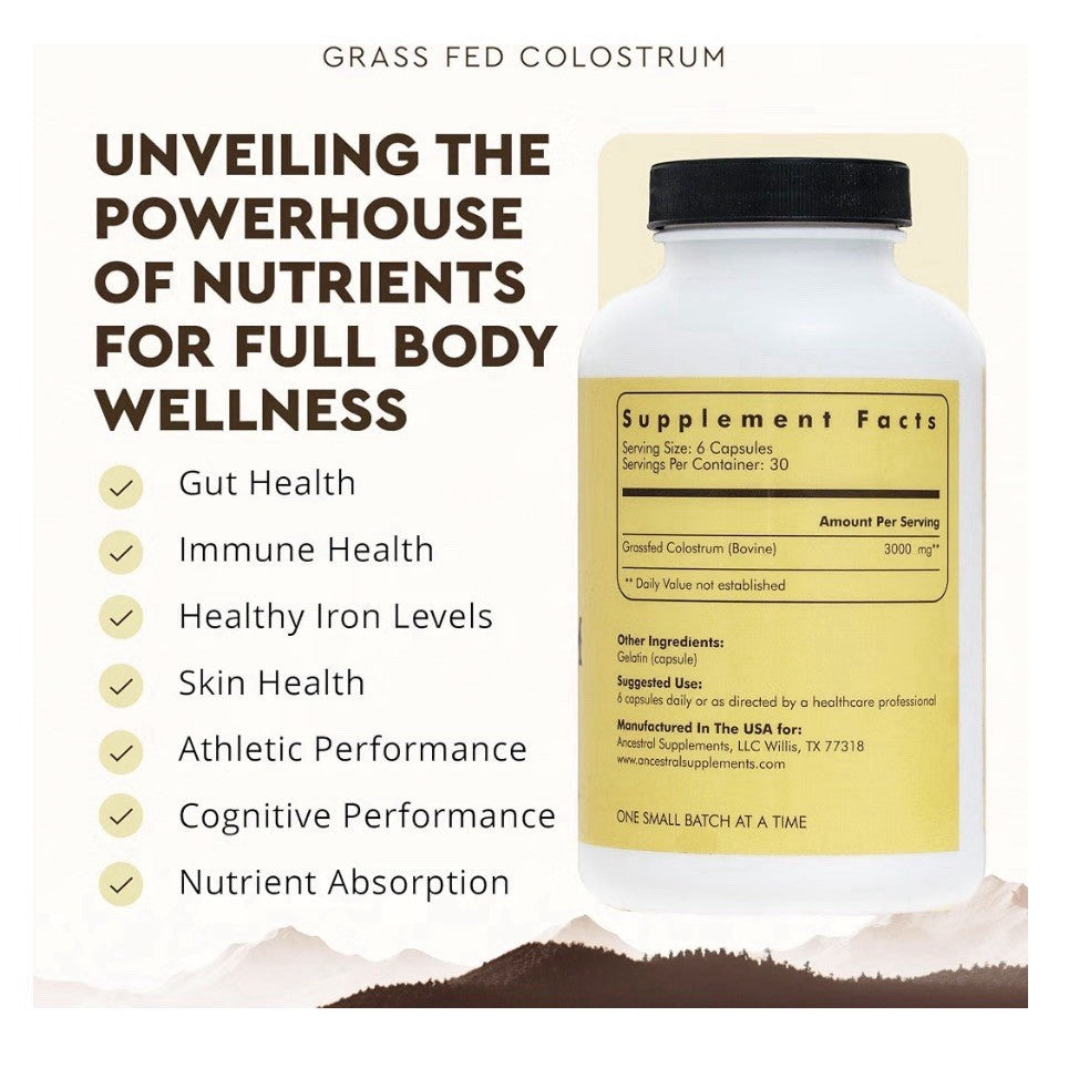 Ancestral Supplements Grass Fed Beef Colostrum Supplement Pasture Raised 180caps