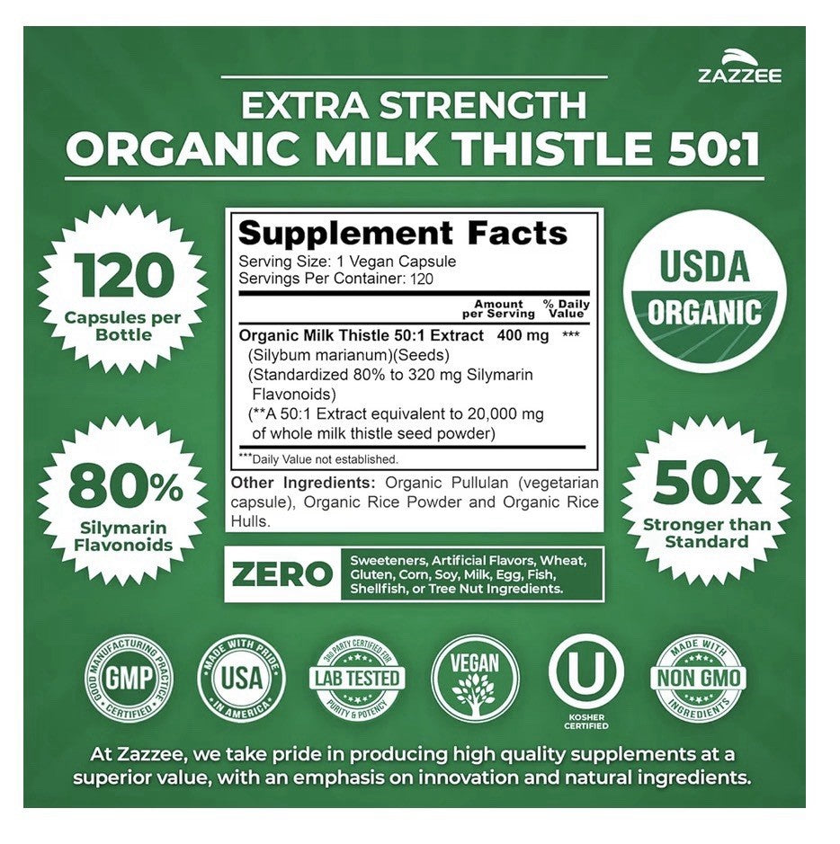 Zazzee Milk Thistle Silymarin Flavonoids Liver Function Detox Cleanse 120capsule