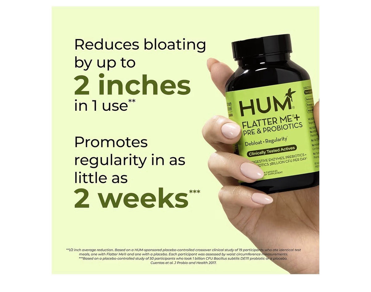 HUM Flatter Pre & Probiotics Debloat + Regularity Digestive Enzymes Woman & Men