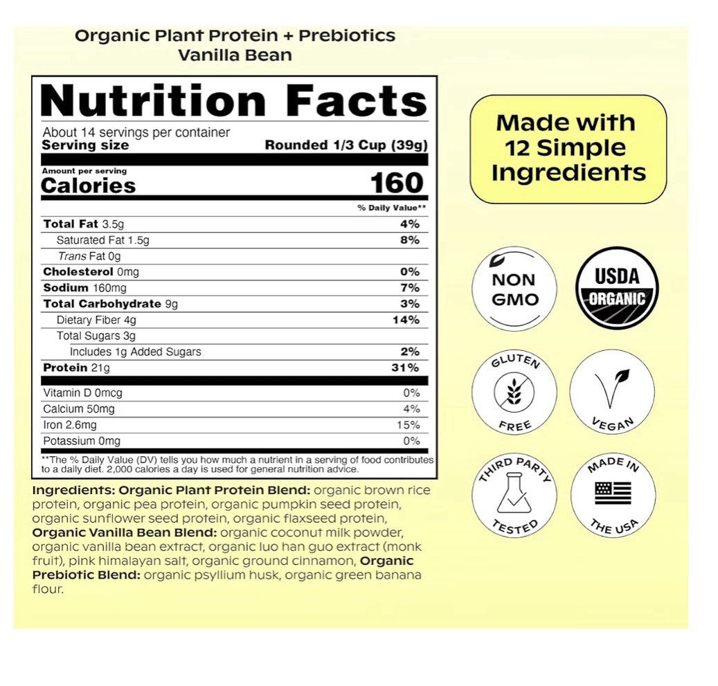 wholier Organic Plant Protein + Prebiotics Powder But Health Support 525g