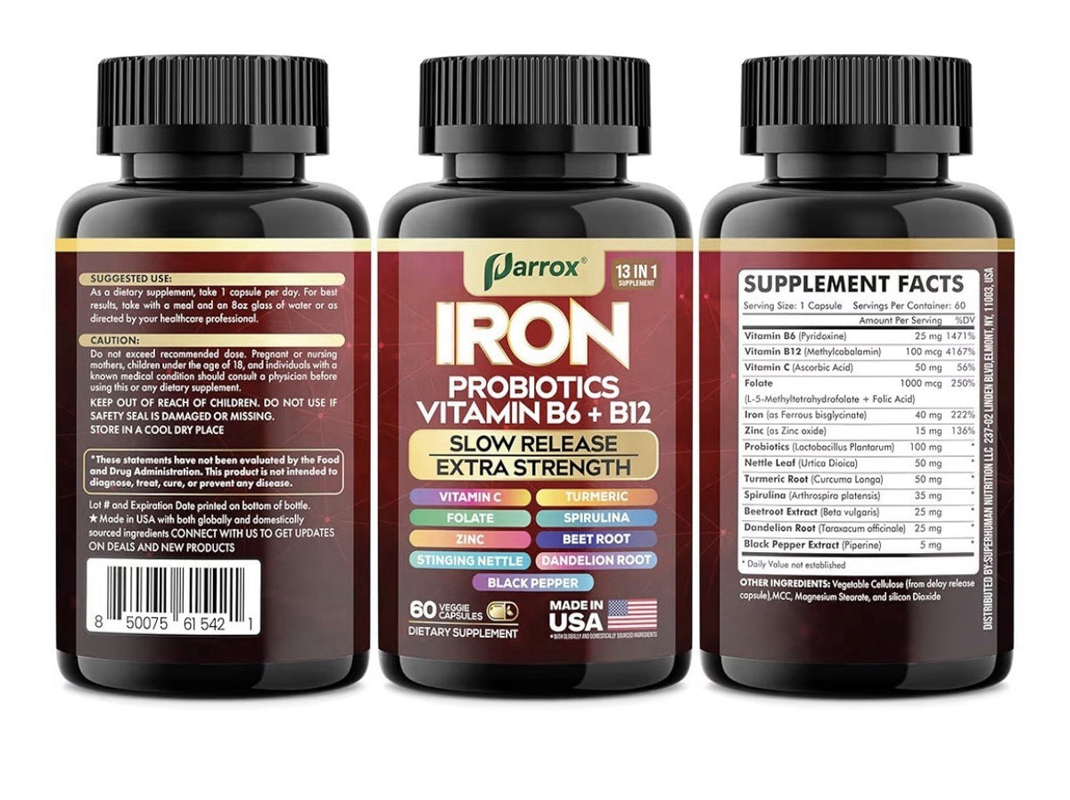 Parrox Iron Probiotics Vitamins B6 + B12 Supplement Extra Strength 60 Capsules
